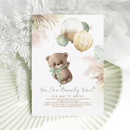 Invitación Teddy Bear Brown Sage Globos verdes Baby Shower
