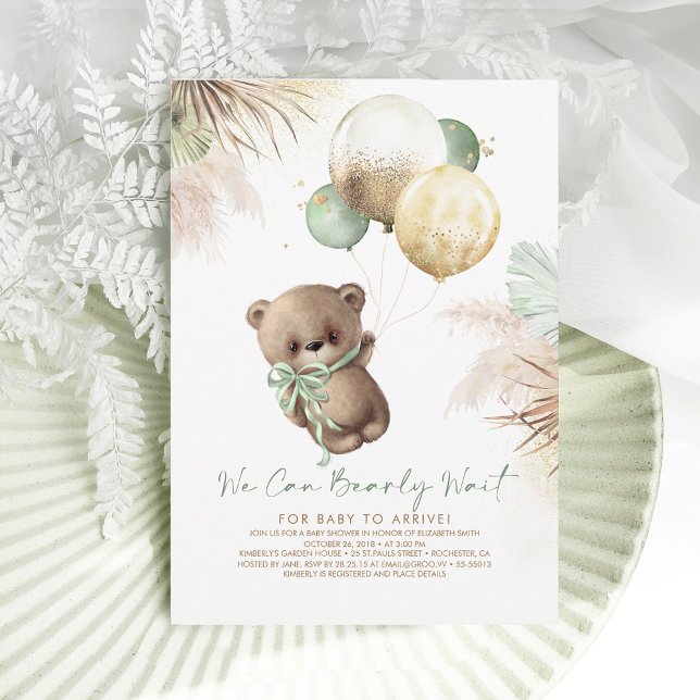 Invitación Teddy Bear Brown Sage Globos verdes Baby Shower (Subido por el creador)