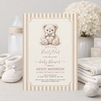 Invitación Teddy Bear & Brown Stripes Baby Shower Bearly Wait