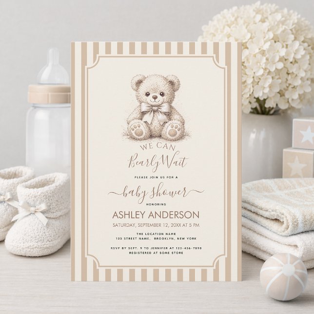 Invitación Teddy Bear & Brown Stripes Baby Shower Bearly Wait (Subido por el creador)