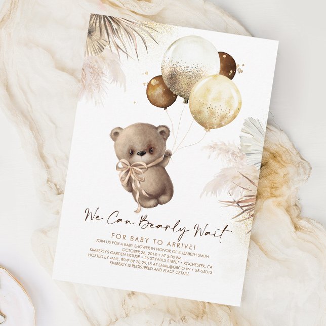 Invitación Teddy Bear Brown y Gold Balloons Baby Shower (Teddy Bear Baby Shower Invitations)