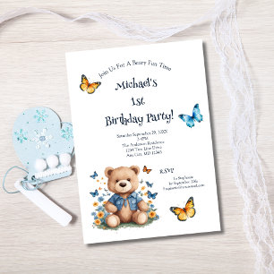 Invitación Teddy Bear Butterflies Baby Boy Fiesta de cumpleañ