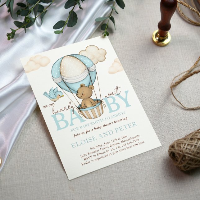 Invitación Teddy Bear caliente Balloon Boy Bearly Wait Baby S (Hot Air Balloon Baby Shower invitation card)
