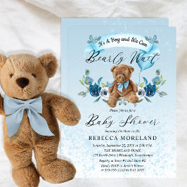 Invitación Teddy Bear Can Bearly Wait Blue Boy Baby Shower