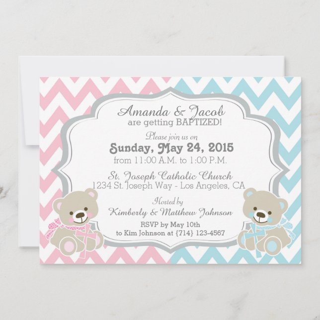 Invitación Teddy Bear Chevron Cross Twins Boy Baptismo Chica (Reverso)