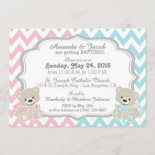 Invitación Teddy Bear Chevron Cross Twins Boy Baptismo Chica