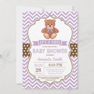 Invitación Teddy Bear Chica Baby Shower Purple Chevron