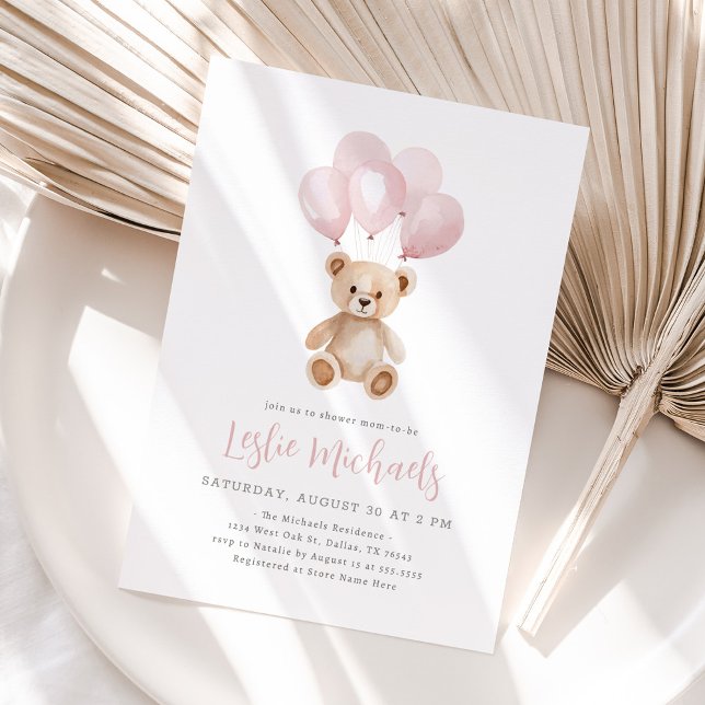 Invitación Teddy Bear Chica con globo rosa Ducha bebé (Subido por el creador)