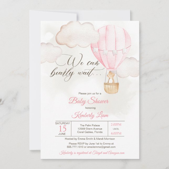 Invitación Teddy Bear Chica de globo aerostático Baby Shower (Anverso)