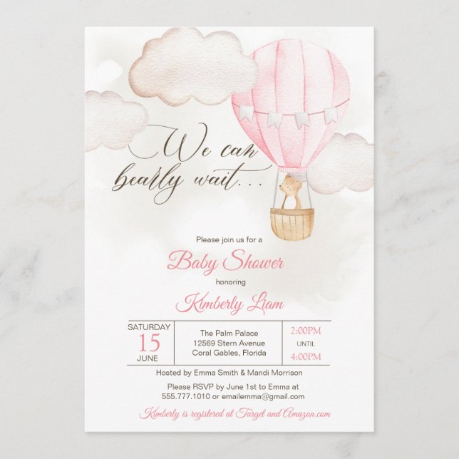 Invitación Teddy Bear Chica de globo aerostático Baby Shower (Anverso)