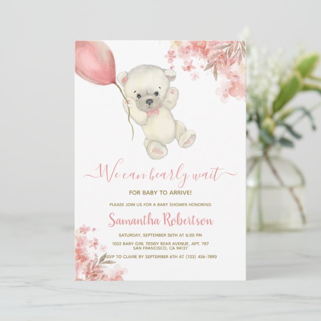 Invitación Teddy Bear Chica de globo floral rosa Baby Shower (Anverso de pie)
