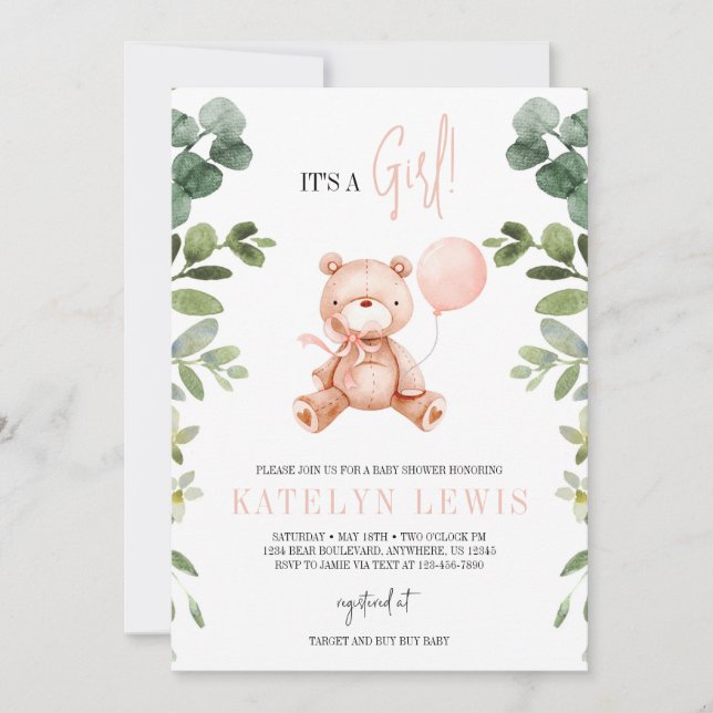 Invitación Teddy Bear Chica Greenery Baby Shower (Anverso)