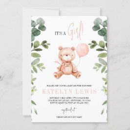 Invitación Teddy Bear Chica Greenery Baby Shower