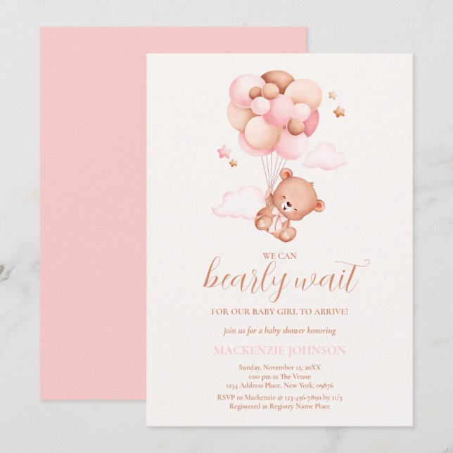 Invitación Teddy Bear Chica Pink Bearly Wait Baby Shower (Anverso / Reverso)