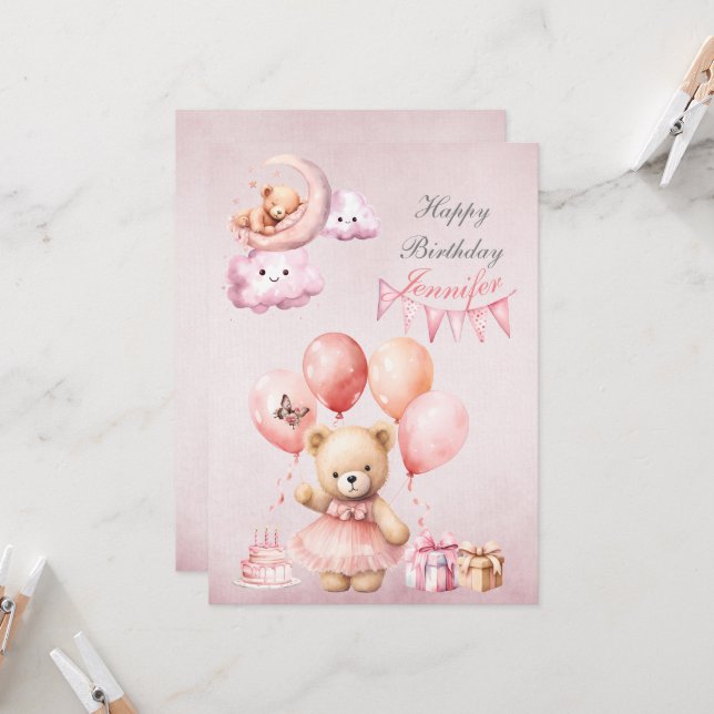 Invitación Teddy Bear Chicas de acuarela rosa Cumpleaños (Anverso/Reverso In Situ)