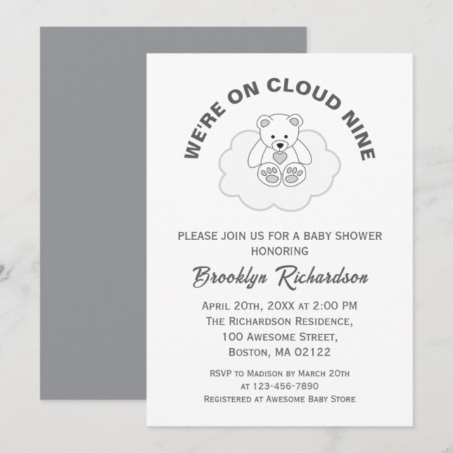 Invitación Teddy Bear Cloud Nueve Sexo Neutral Baby Shower (Anverso / Reverso)