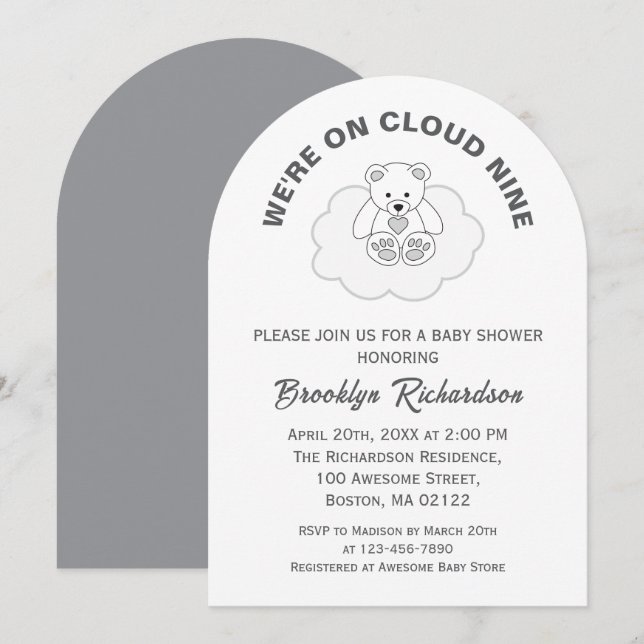 Invitación Teddy Bear Cloud Nueve Sexo Neutral Baby Shower (Anverso / Reverso)