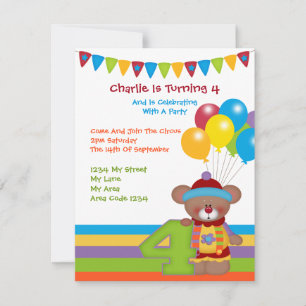 Invitación Teddy Bear Clown Cuarto Partido de Cumpleaños