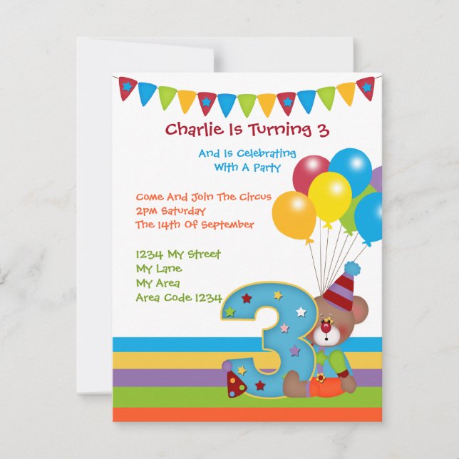 Invitación Teddy Bear Clown Third Birthday Party (Anverso)