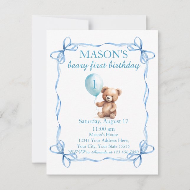 Invitación Teddy Bear Colorous Balloon Beary First Birday (Anverso)