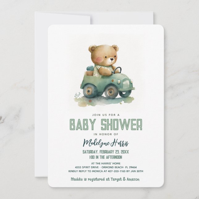 Invitación Teddy Bear Conducción Juguete Auto Azul Baby Showe (Anverso)