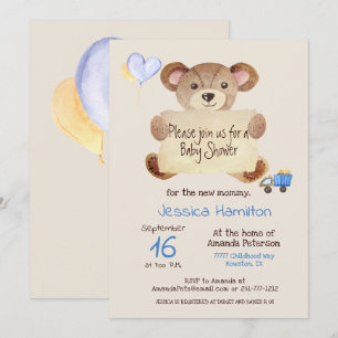 Invitación Teddy Bear Cute Adorable Baby Boy Baby Shower