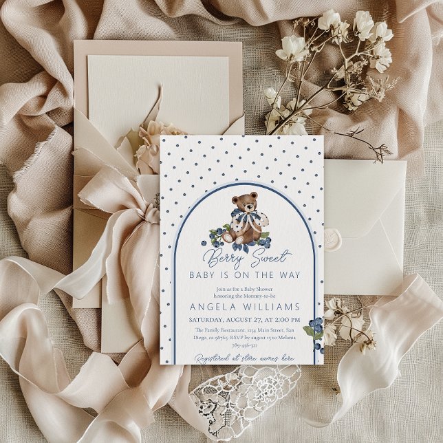 Invitación Teddy Bear Dusty Blue Berry Sweet Baby Shower (Subido por el creador)