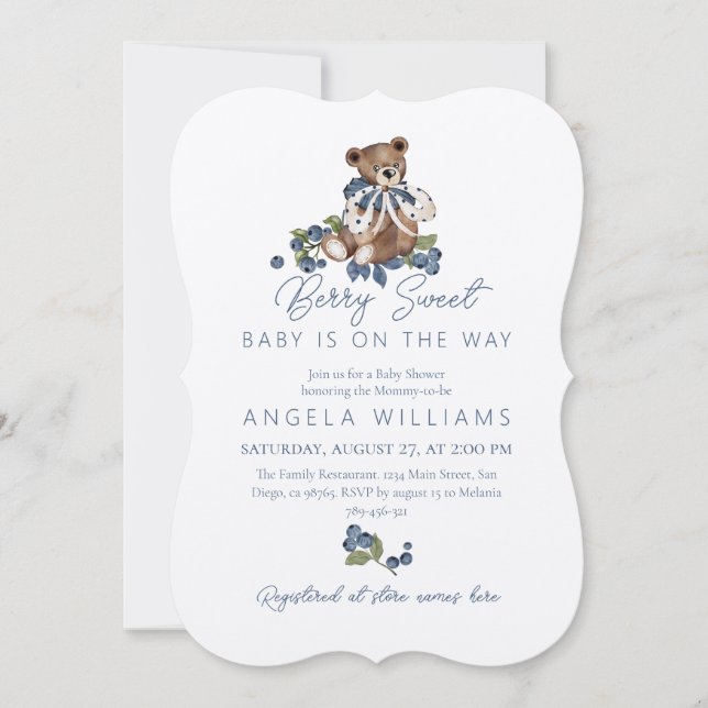 Invitación Teddy Bear Dusty Blue Berry Sweet Baby Shower (Anverso)