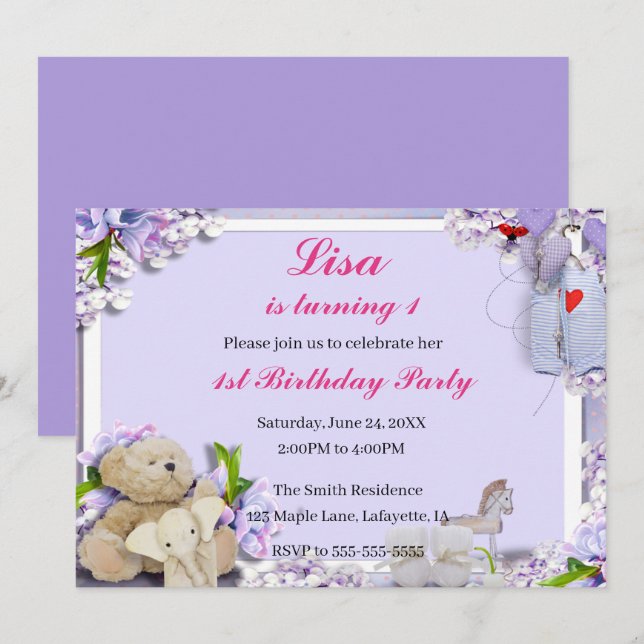 Invitación Teddy Bear Elephant Horse Birday Party (Anverso / Reverso)