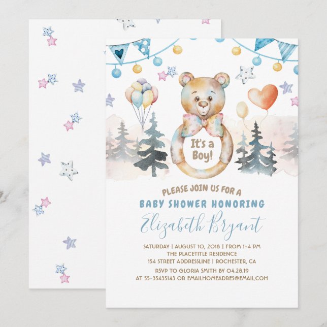 Invitación Teddy Bear - Es un niño Baby Shower (Anverso / Reverso)