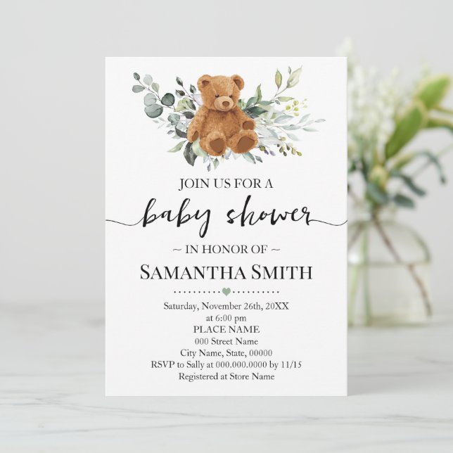 Invitación Teddy Bear Eucalyptus Greenery Baby Shower (Anverso de pie)