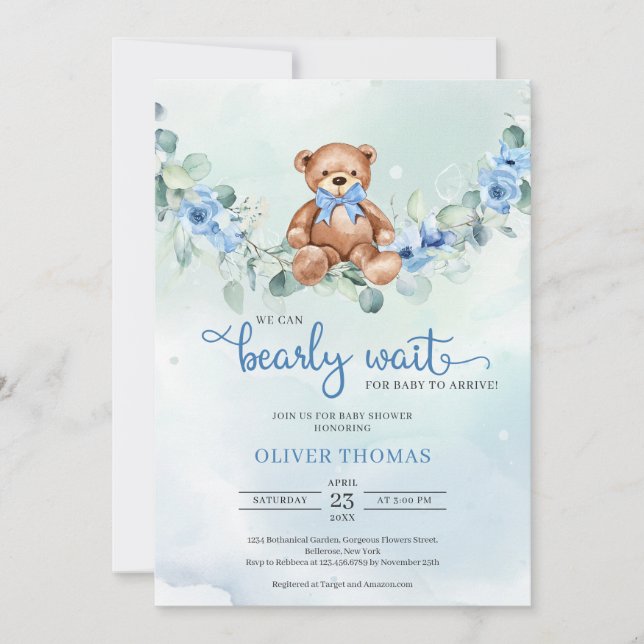 Invitación Teddy Bear Eucalyptus Wreath Boy Baby Shower (Anverso)