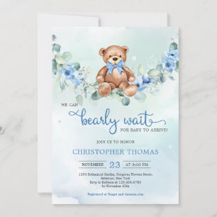 Invitación Teddy Bear Eucalyptus Wreath Boy Baby Shower