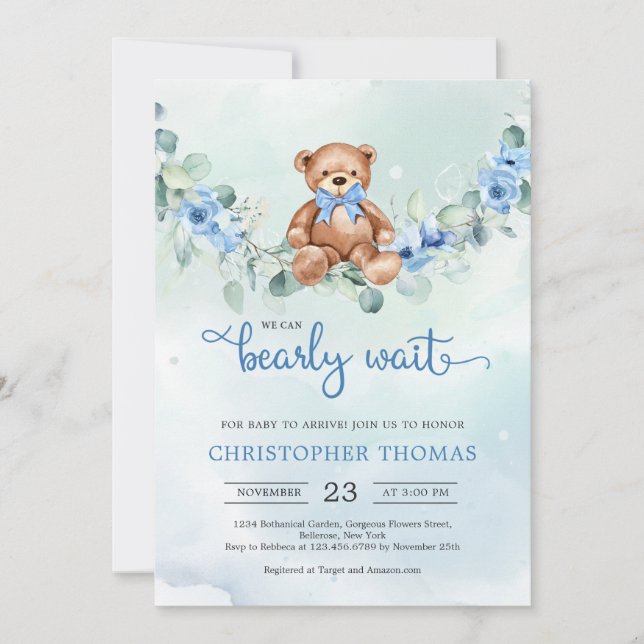 Invitación Teddy Bear Eucalyptus Wreath Boy Baby Shower (Anverso)