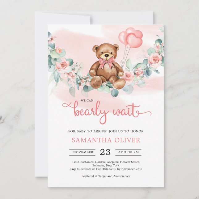 Invitación Teddy Bear Eucalyptus Wreath Chica Baby Shower (Anverso)