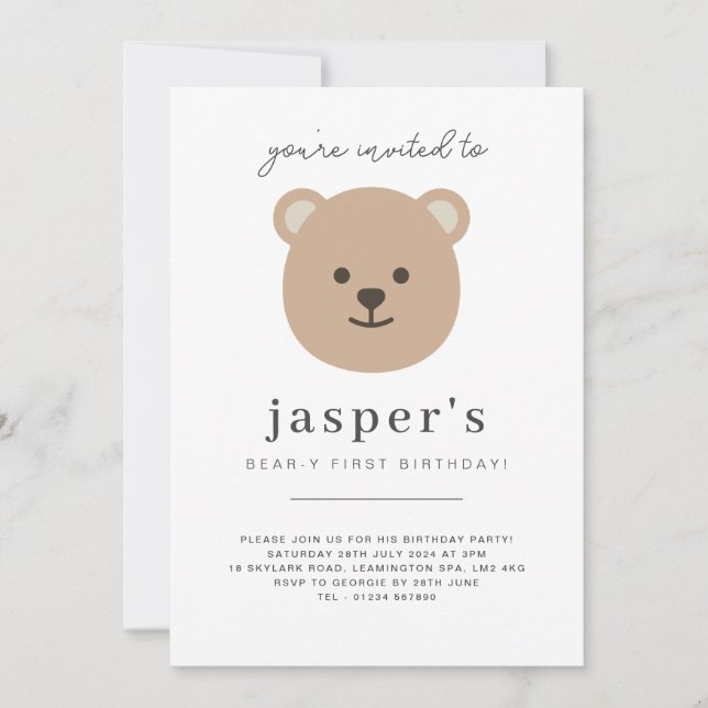 Invitación Teddy Bear Face - Foto de primer cumpleaños (Anverso)