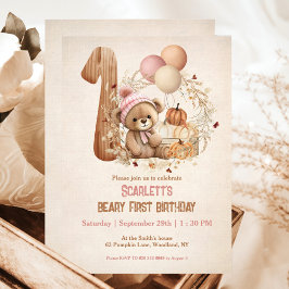 Invitación Teddy Bear Fall Pumpkins Chica Beary 1er cumpleaño