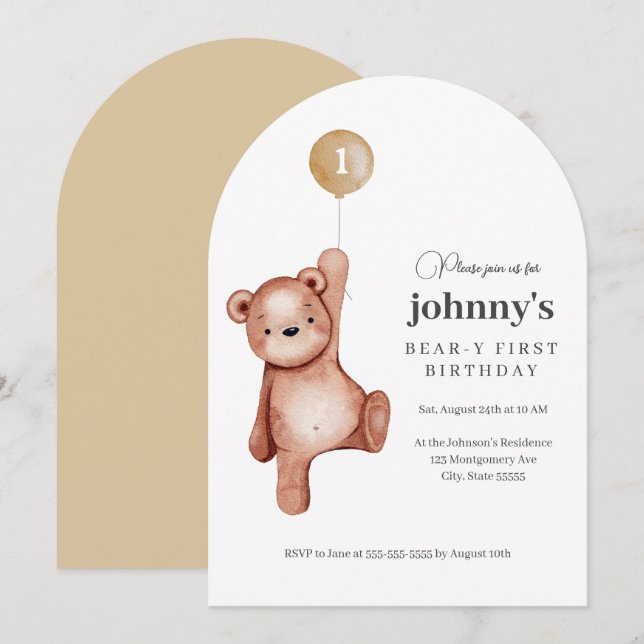 Invitación Teddy Bear First Birday Party (Anverso / Reverso)