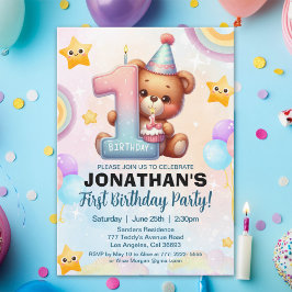Invitación Teddy Bear First Birthday | Cute Boy 1st Birthday