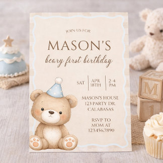 Invitación Teddy Bear First Birthday Invitation, Beary First 