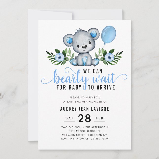 Invitación Teddy Bear Floral Botánico Blue Boy Baby Shower (Anverso)