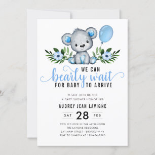 Invitación Teddy Bear Floral Botánico Blue Boy Baby Shower