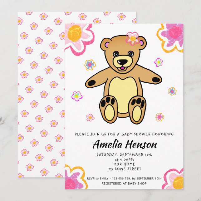 Invitación Teddy Bear Flower Girl Floral Baby Shower (Anverso / Reverso)