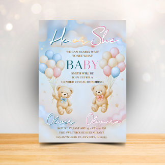 Invitación Teddy Bear Gender Reveal Invitation He or She