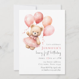 Invitación Teddy Bear Girl 1st Birthday Invitation