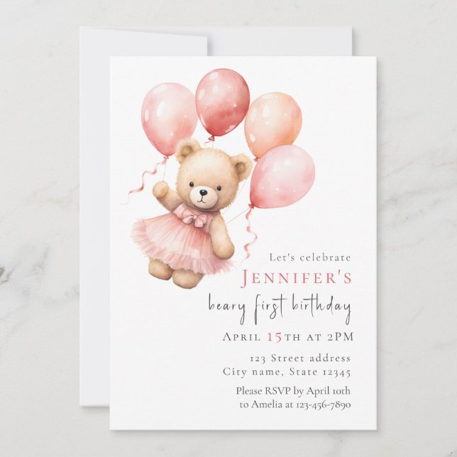 Invitación Teddy Bear Girl 1st Birthday Invitation (Anverso)