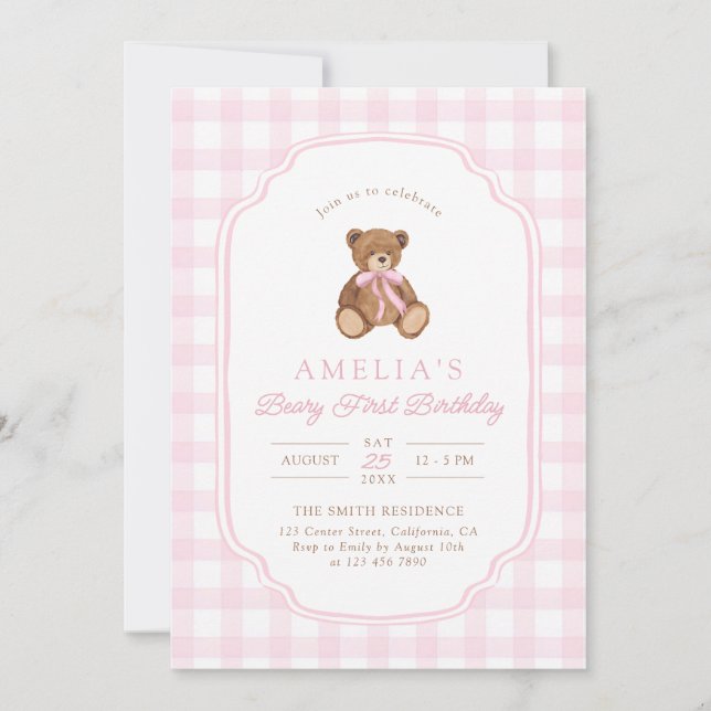 Invitación Teddy Bear Girl First Birthday Party (Anverso)