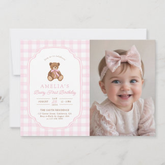 Invitación Teddy Bear Girl First Birthday Party Photo