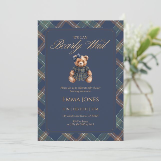 Invitación Teddy Bear Girl Tartan Plaid Classic Baby Shower (Anverso de pie)