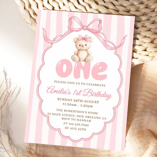Invitación Teddy Bear Girls Pink Bow Stripes 1st Birthday (Subido por el creador)